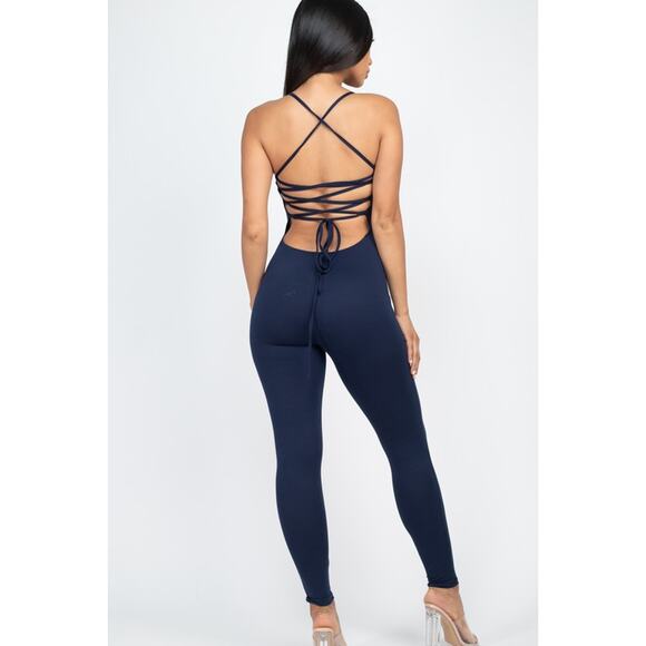 Criss-cross open back bodycon jumpsuit (Navy)-Medium - Picture 2 of 2